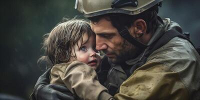 ai generado un soldado ahorra un niño en el guerra generativo ai foto