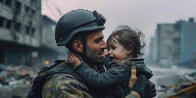 ai generado un soldado ahorra un niño en el guerra generativo ai foto