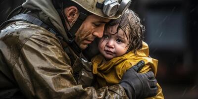 ai generado un soldado ahorra un niño en el guerra generativo ai foto