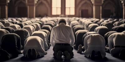 AI generated Muslims pray in the temple Generative AI photo