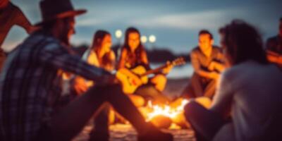 AI generated songs with a guitar at a campfire in nature Generative AI photo