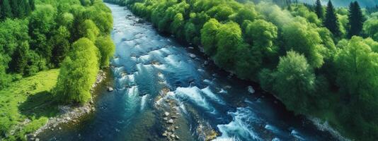 AI generated Mountain river in the middle of the forest, top view Generative AI photo