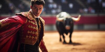 AI generated bullfighter with a bull in the Matador arena Generative AI photo