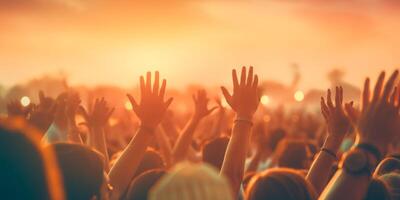 AI generated Cheering crowd with raised hands at music festival Generative AI photo