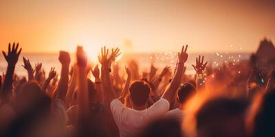 AI generated Cheering crowd with raised hands at music festival Generative AI photo