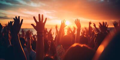 AI generated Cheering crowd with raised hands at music festival Generative AI photo