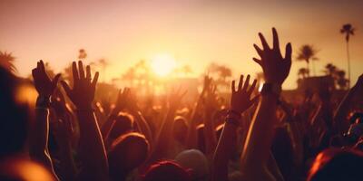 AI generated Cheering crowd with raised hands at music festival Generative AI photo