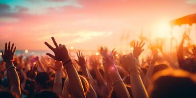 AI generated Cheering crowd with raised hands at music festival Generative AI photo