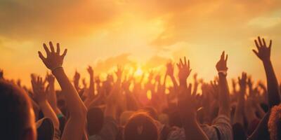 AI generated Cheering crowd with raised hands at music festival Generative AI photo