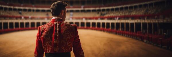 AI generated bullfighter with a bull in the Matador arena Generative AI photo