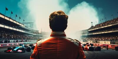 AI generated race car driver with cars in the background Generative AI photo