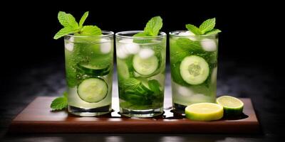 AI generated cucumber-lemon drink with mint in glasses Generative AI photo