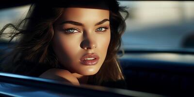 AI generated portrait of a glamorous girl inside a car Generative AI photo