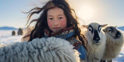 AI generated Mongolian girl with an animal tive Generative AI photo