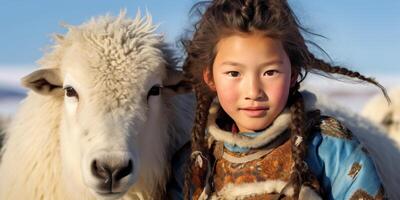 ai generado mongol niña con un animal tivo generativo ai foto