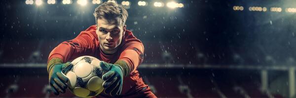 AI generated soccer goalkeeper catches the ball Generative AI photo