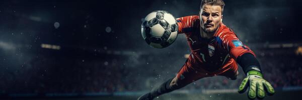 AI generated soccer goalkeeper catches the ball Generative AI photo