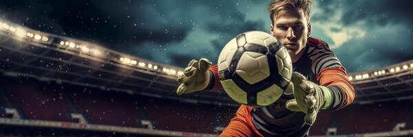 AI generated soccer goalkeeper catches the ball Generative AI photo