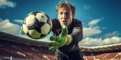 AI generated soccer goalkeeper catches the ball Generative AI photo