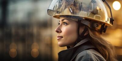 AI generated female engineer against the background of a factory, double exposure Generative AI photo