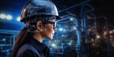 AI generated female engineer against the background of a factory, double exposure Generative AI photo