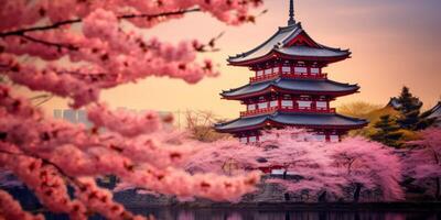 AI generated Japanese palace during cherry blossom landscape Generative AI photo