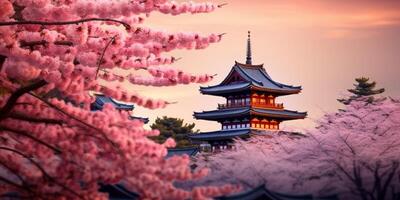 AI generated Japanese palace during cherry blossom landscape Generative AI photo