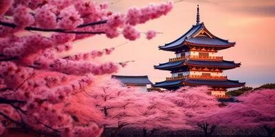 AI generated Japanese palace during cherry blossom landscape Generative AI photo