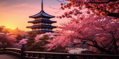 ai generado japonés palacio durante Cereza florecer paisaje generativo ai foto