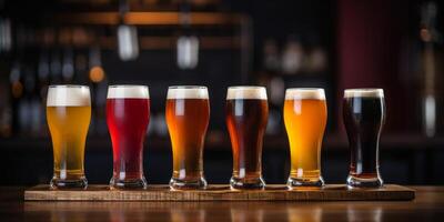 AI generated glasses with different types of beer on the bar counter Generative AI photo