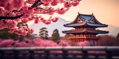 AI generated cherry blossoms against the background of a Japanese temple Generative AI photo