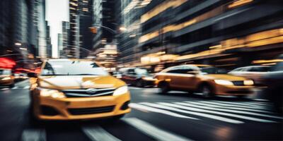 ai generado Taxi en movimiento en un grande ciudad movimiento difuminar generativo ai foto