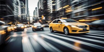 ai generado Taxi en movimiento en un grande ciudad movimiento difuminar generativo ai foto