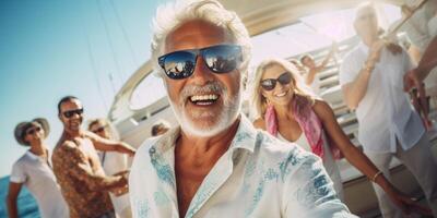 AI generated elderly man in sunglasses on a yacht with friends Generative AI photo