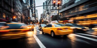 ai generado Taxi en movimiento en un grande ciudad movimiento difuminar generativo ai foto