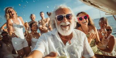 AI generated elderly man in sunglasses on a yacht with friends Generative AI photo