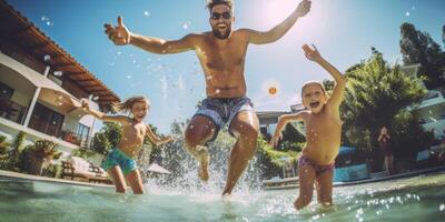 AI generated family with children having fun in the pool Generative AI photo