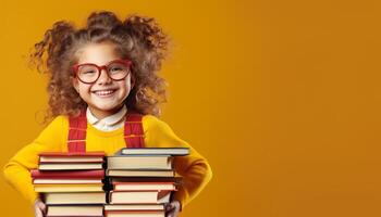 AI generated smiling child with books in hands on yellow background back to school Generative AI photo