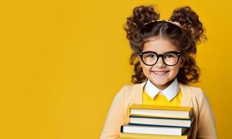 AI generated smiling child with books in hands on yellow background back to school Generative AI photo