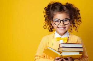 ai generado sonriente niño con libros en manos en amarillo antecedentes espalda a colegio generativo ai foto