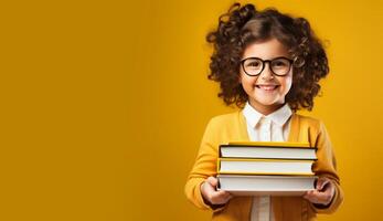 AI generated smiling child with books in hands on yellow background back to school Generative AI photo