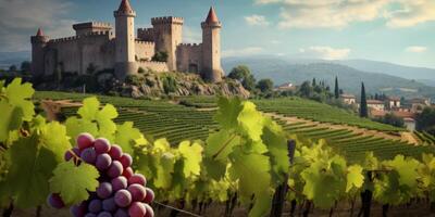 AI generated medieval castle and grape fields Generative AI photo