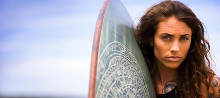 AI generated tattooed woman surfer on the beach Generative AI photo