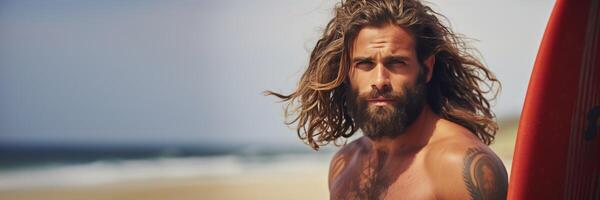 AI generated tattooed man surfer on the beach Generative AI photo