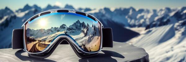 AI generated skier sunglasses with mountains reflection on the lenses Generative AI photo