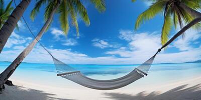 AI generated hammock on palm trees white sand ocean coast Generative AI photo