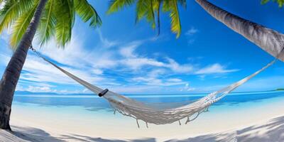 AI generated hammock on palm trees white sand ocean coast Generative AI photo