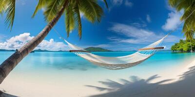 AI generated hammock on palm trees white sand ocean coast Generative AI photo