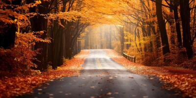 ai generado otoño la carretera amarillo hojas generativo ai foto