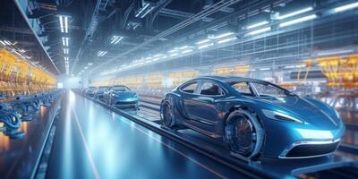 AI generated conveyor belt at a car factory Generative AI photo